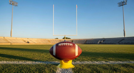 Rugby ball on a field with a goalpost in the background