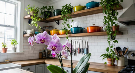 Orchid flowers in the kitchen at home. Interior design concept.