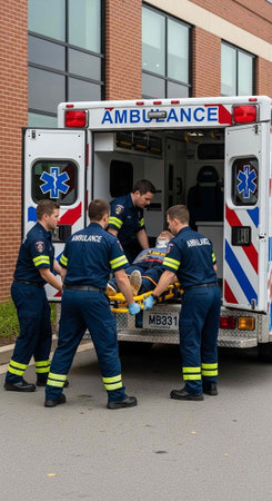 Ambulance emergency vehicle with emergency rescue team on the road.