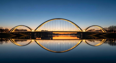 Panoramic view of a bridge over the river at sunset.