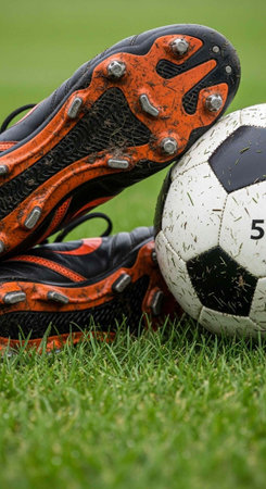 Soccer ball and boots on green grass. Close up image.