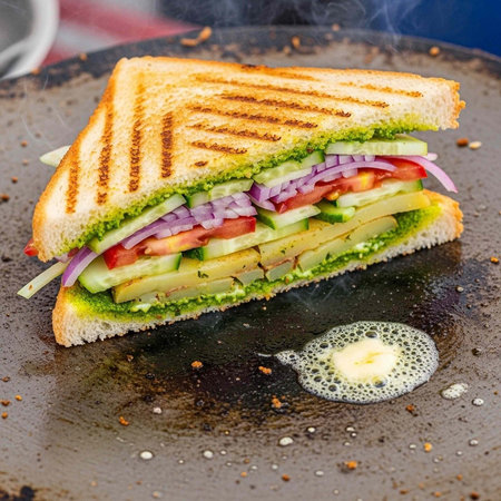 tasty sandwich with cucumber, tomato and onion on black plate
