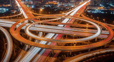 Aerial view of the highway interchange overpass at night in China.