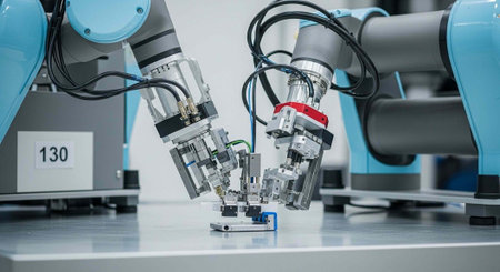 Robotic arm working in industry 4.0 factory. Smart factory for fourth industrial revolution.