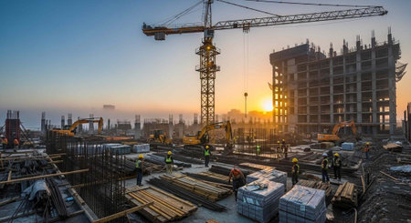 Construction site with cranes and workers at sunrise in Moscow, Russia