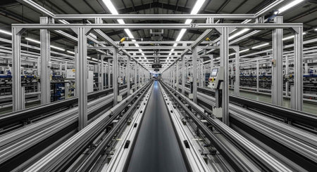 3d rendering of a conveyor belt in a modern factory.
