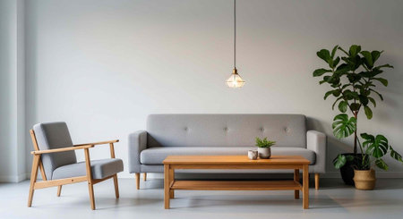 Interior of modern living room with grey sofa and wooden coffee table