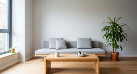 Modern living room interior with sofa, coffee table and plant. Nobody inside