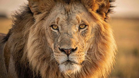 Close up of a lion in the Maasai Mara National Park in Kenya
