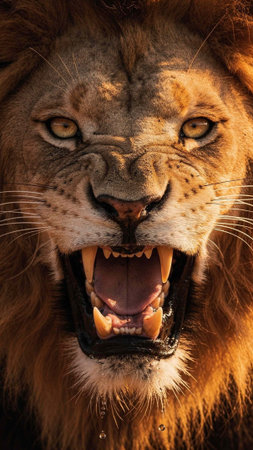 Close-up of a lion roaring in the savannah of Kenya