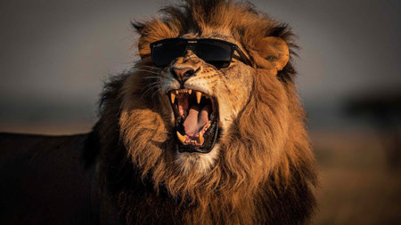Lion with sunglasses yawning in Masai Mara National Park, Kenya