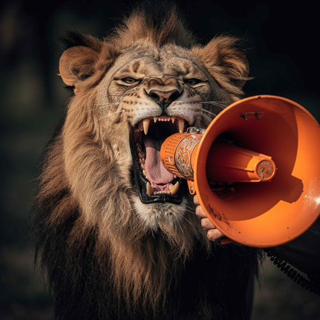 Portrait of a lion with a megaphone in the wild