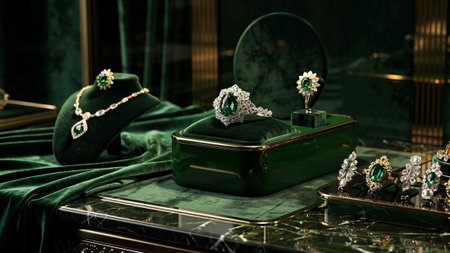 jewelry box with diamond rings and precious stones in jewelry store