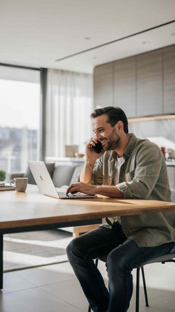 Smiling young man talking on the phone while using laptop in office
