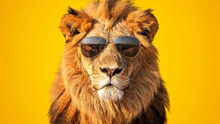 Portrait of a male lion with sunglasses on a yellow background.