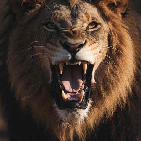 Close-up portrait of a big male lion with open mouth.