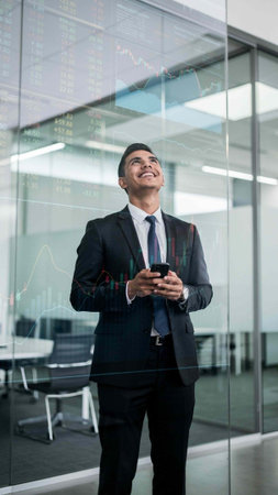 Portrait of smiling businessman using mobile phone while standing in conference room