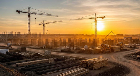Construction site with cranes and building materials at sunrise, panorama