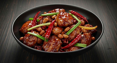 chinese cuisine. Stir-fried sweet and sour chicken with peanuts