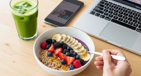 Healthy breakfast with oatmeal, berries, smoothie and laptop