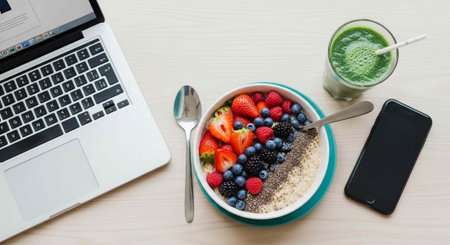healthy breakfast with oatmeal, berries, green smoothie and laptop