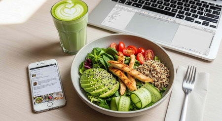 Healthy lunch bowl with quinoa, avocado, tomatoes, cucumber and chicken