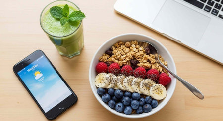 healthy breakfast with mobile phone and granola and smoothie, top view