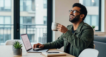smiling indian freelancer in eyeglasses holding cup of coffee and using laptop in cafe