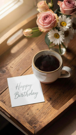 Cup of coffee and bouquet of flowers on a wooden table