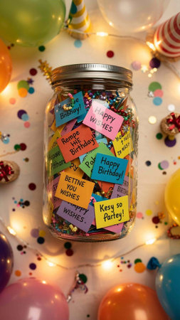 Colorful confetti in a jar with the words Happy Birthday to you