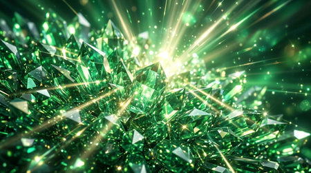 3d illustration of abstract green crystal background with light rays and sparks