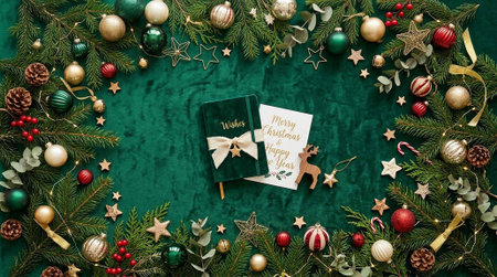 Merry Christmas and Happy New Year greeting card with christmas tree branches, ornaments and decorations.