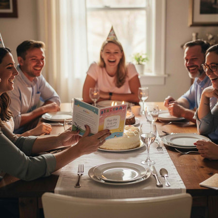 Birthday party. Group of people sitting at the table and eating cake
