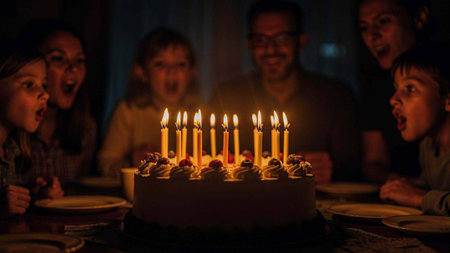 Happy family celebrating birthday and blowing out candles on a cake at home