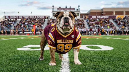 American football dog in uniform at the stadium with fans in the background