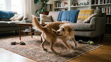 A golden retriever dog is playing with a ball in the living room