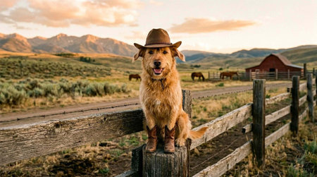 Dog in cowboy hat sitting on a fence in the mountains at sunset