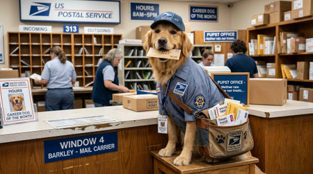 A dog dressed as a postal worker is sitting on a stool at a post office counter.