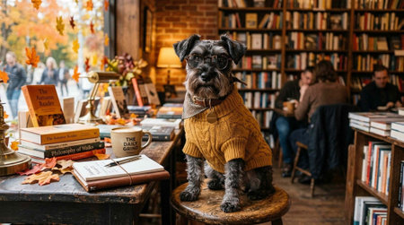 Miniature Schnauzer dog in a sweater on the background of books.