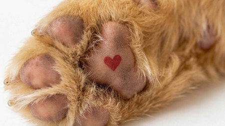 The paw of a cat with a red heart on the white background