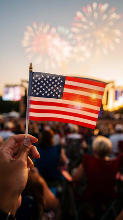 American flag in hand with fireworks in the background. Selective focus.