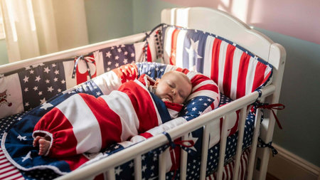 Cute baby boy sleeping in his crib with american flag.