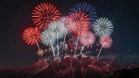 Colorful fireworks in the night sky with stars and clouds over the mountains