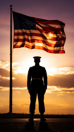 Silhouette of a soldier with the american flag at sunset