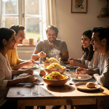 Group of friends having a meal together at home, sitting around a table