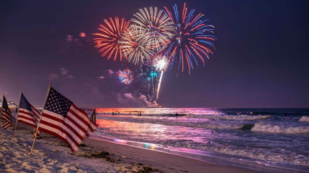United States of America flag on the beach with colorful fireworks at night