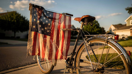 American flag on a bicycle in front of a house in the countryside