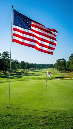 American flag on a golf course with green and blue sky in background