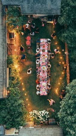 Aerial view of people sitting at dinner table in the garden.