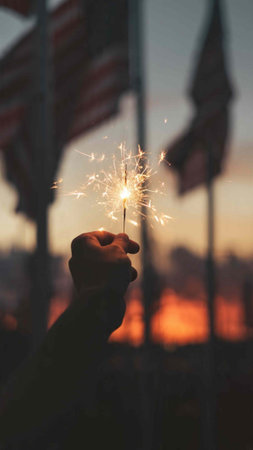 Silhouette of a hand holding a sparkler against the background of the american flag